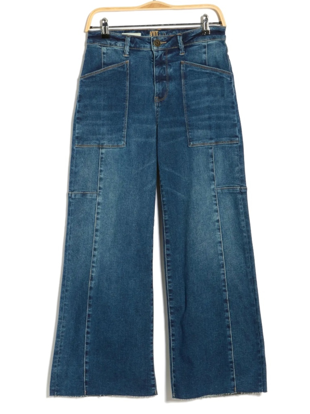 KUT From The Kloth Lily Wide Leg High Rise Raw Hem Ankle Jeans Patch Pockets